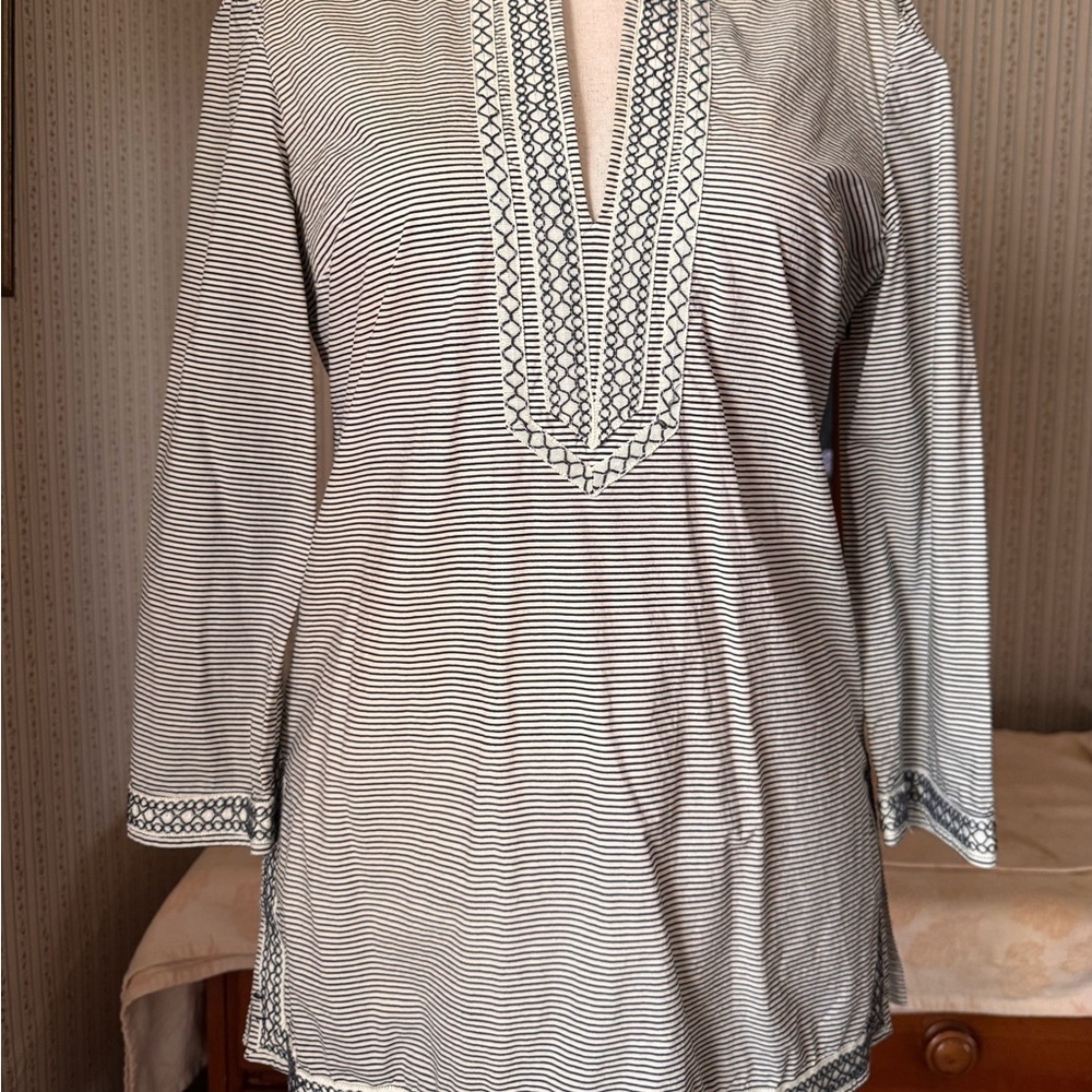 Tory Burch Blue and White Relaxed Embellished Tunic
